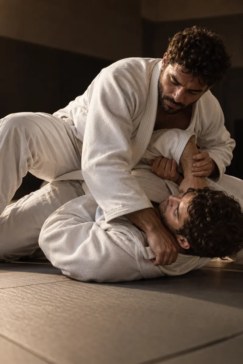 Dois praticantes de jiu-jitsu de kimono em posição de controle no tatame