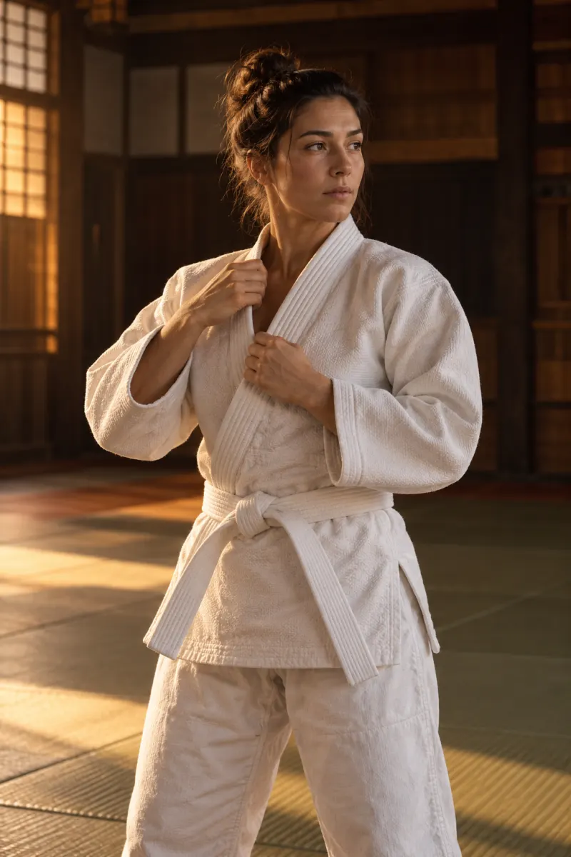 Praticante de judô ajustando a gola do kimono antes do treino