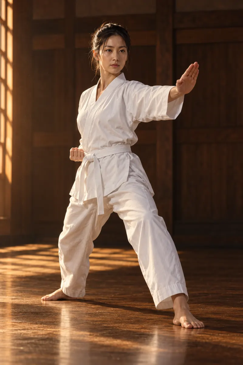 Praticante de taekwondo executando uma postura de poomse com o braço estendido